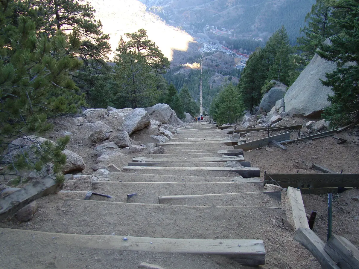 Wooden steps of the Manitou Incline near the false summit