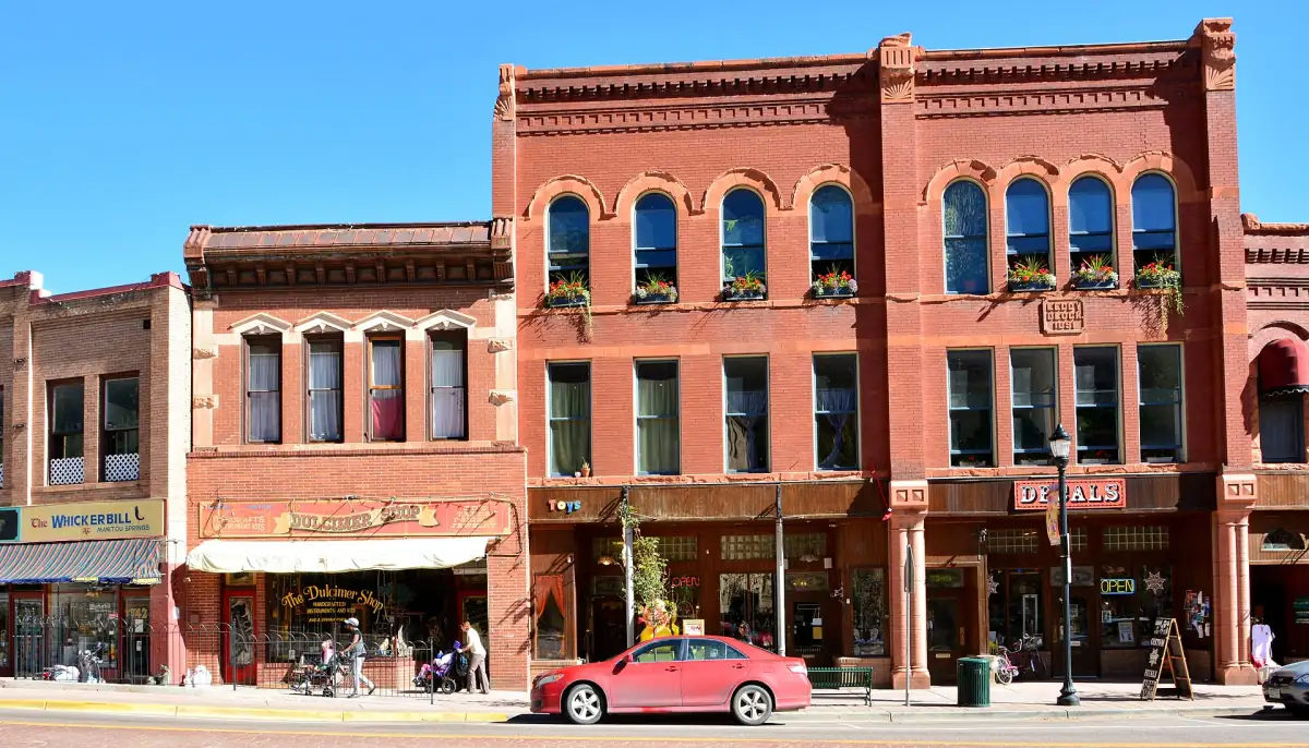Historic brick buildings on the main street of Manitou Springs